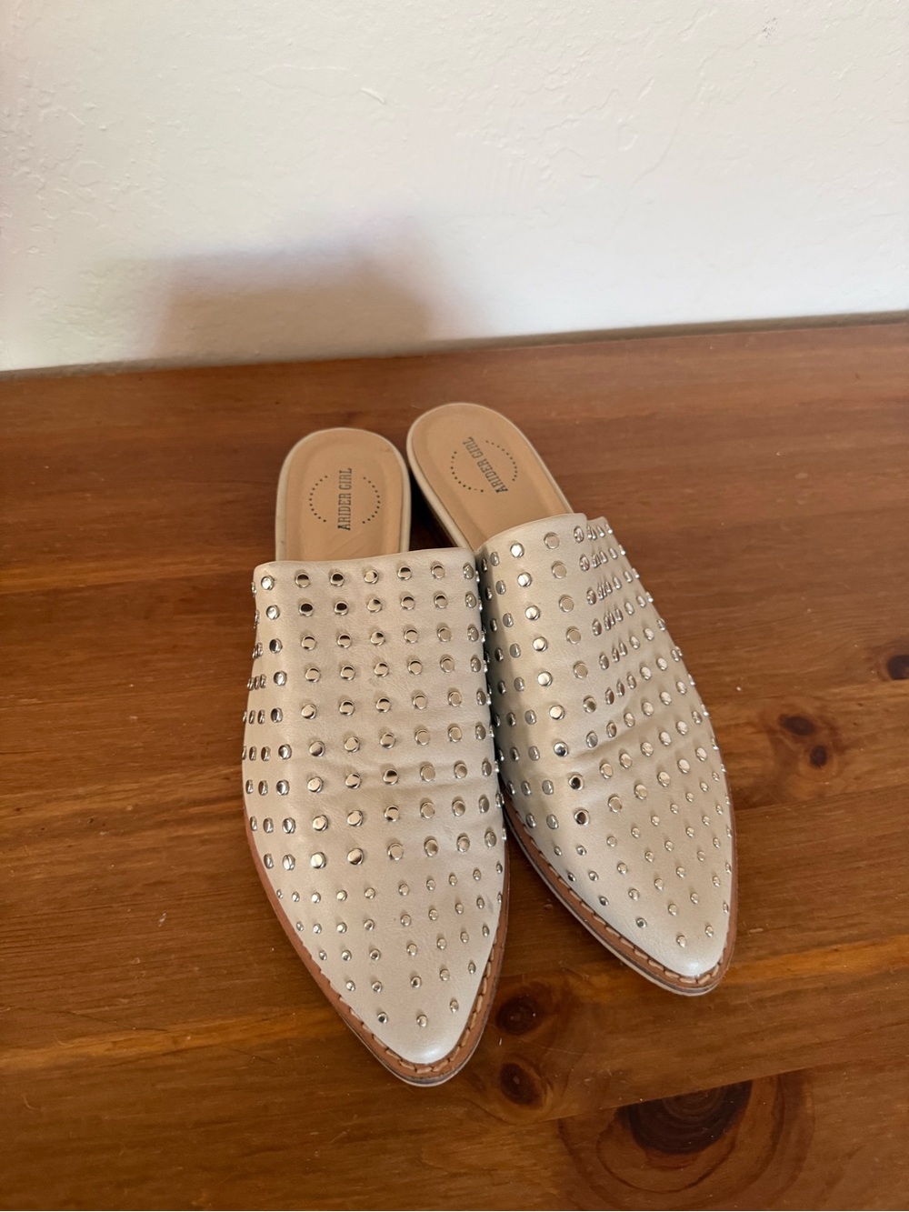 Studded Pointed Mule Slides in Light Beige
